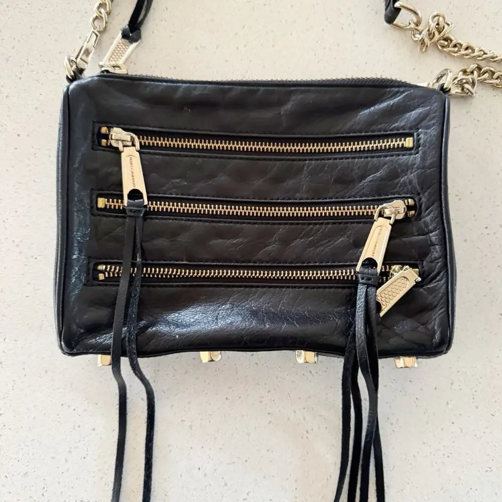 Rebecca Minkoff Black Soft Leather Zip Crossbody Gold Chain Strap Studs Club - Picture 6 of 9